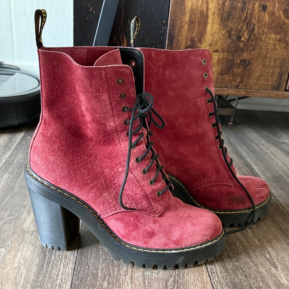 Dr. Martens Red Suede Lace-Up Platform Heeled Boots